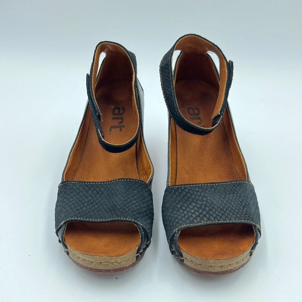 Art Company Black Leather Pink Wedge Ankle Strap Sandals Peep Toe EU 41 Chunky